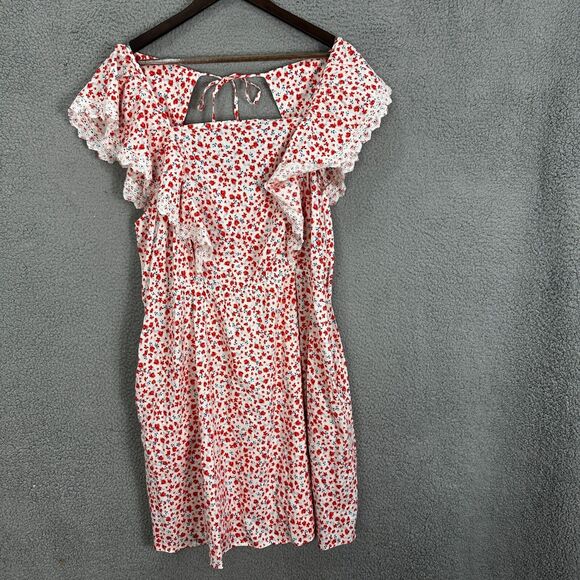 Old Navy Dresses & Skirts - Old navy dress womens 2X ivory red floral lace pockets ruffle boho cottagecore